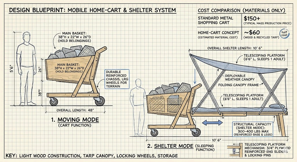 Engineering blueprint of the mobile hope-cart in moving and shelter modes