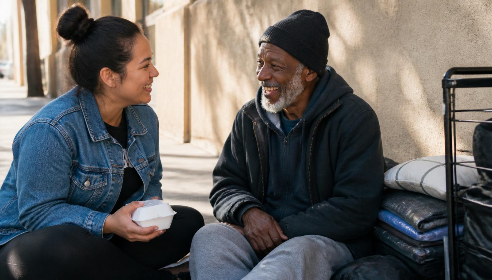 A volunteer in a denim jacket laughing with an older man on a sunny sidewalk