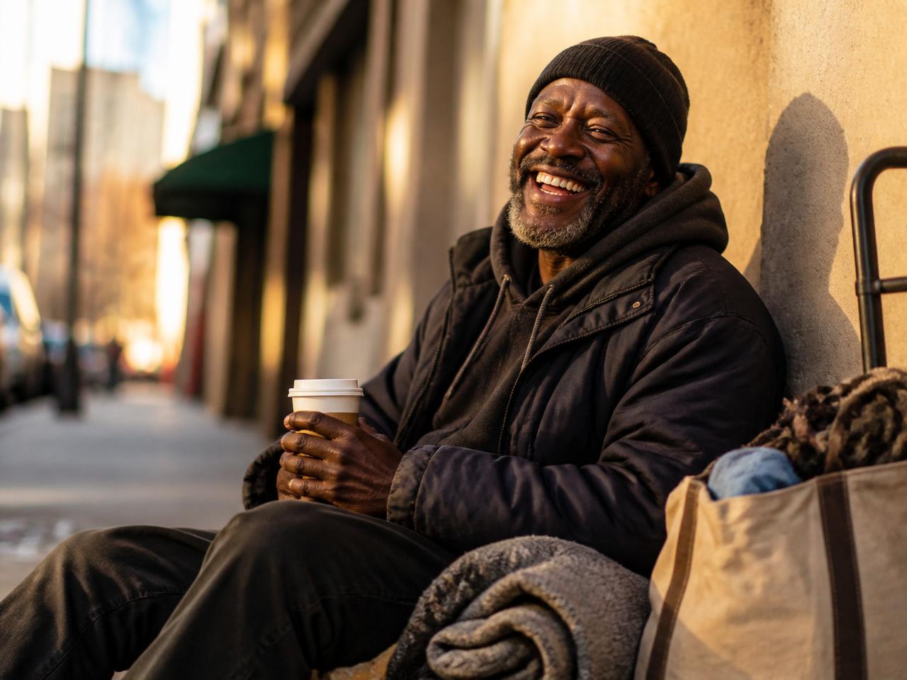 A man laughing on a sunlit sidewalk, his belongings folded neatly beside him