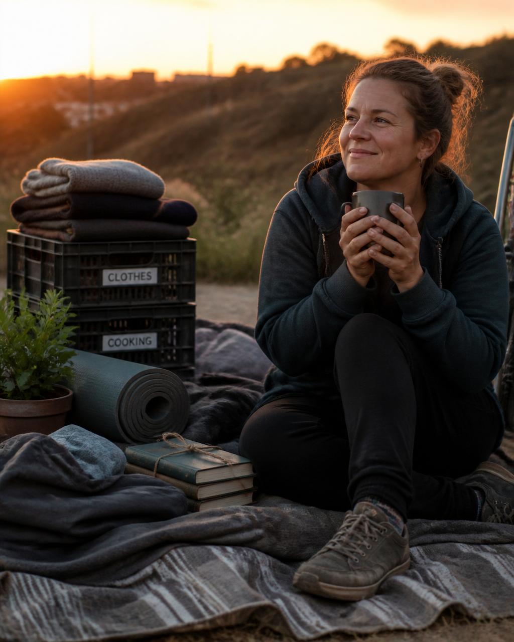 A woman at sunrise with her belongings organized in labeled crates, folded blankets, and books beside her